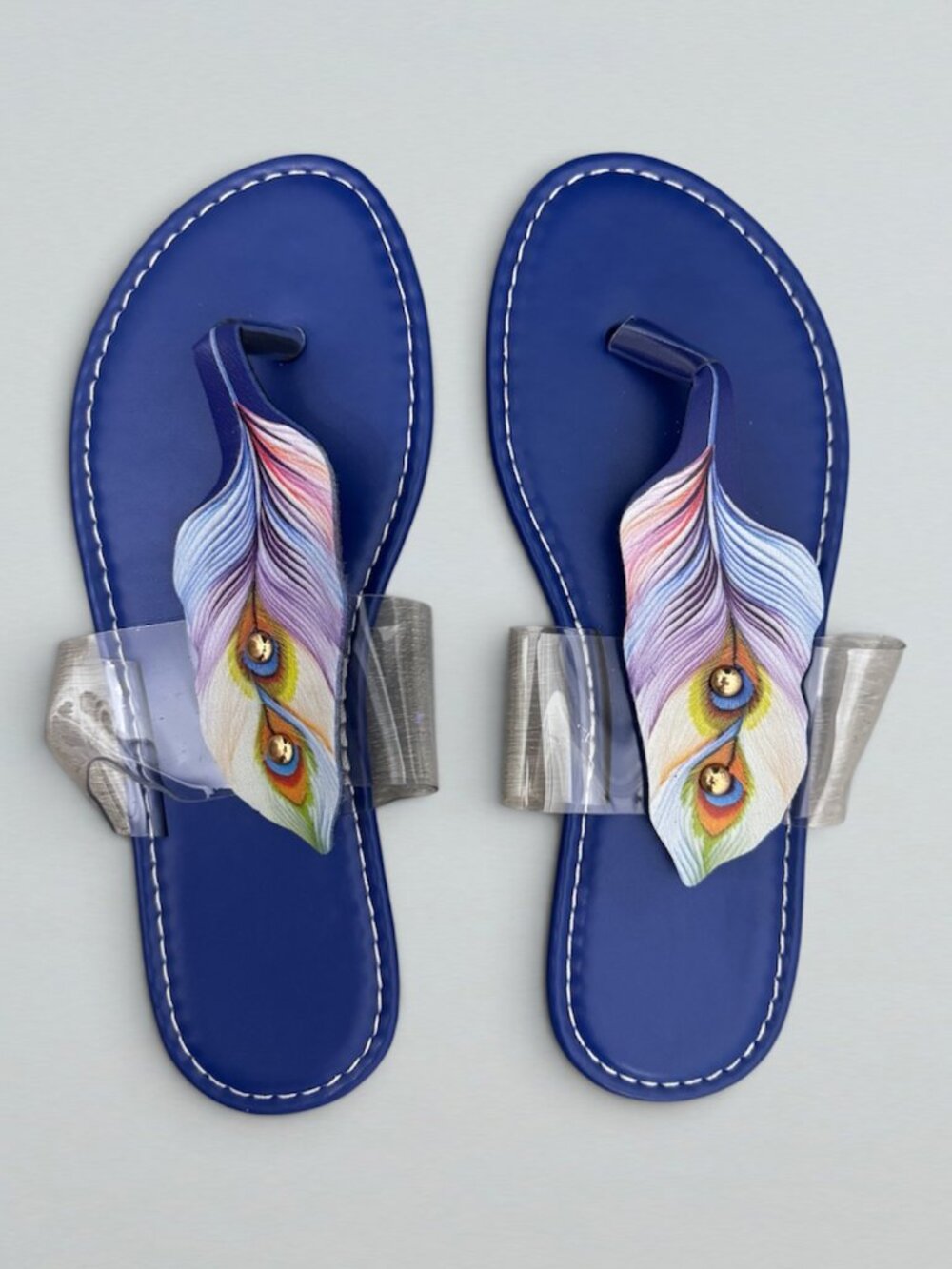 Blue Peacock Feather Clear Strap Thong Flat Sandals Womens Size 38